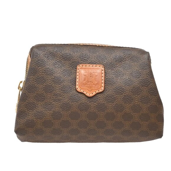 CELINE Logo Macadam Pattern Pouch Bag PVC Leather Brown GHW Italy - Picture 1 of 15
